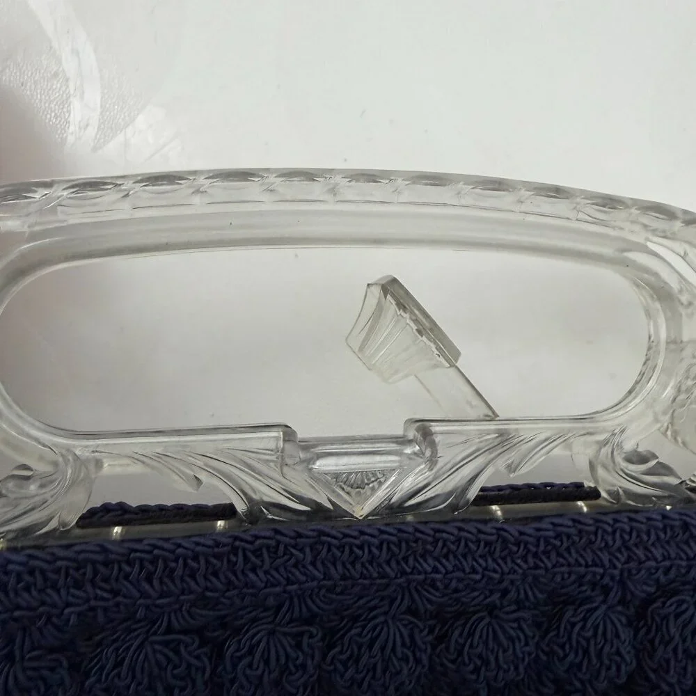 VINTAGE 30s Popcorn Crochet Navy Blue Peacock Handle Evening Bag